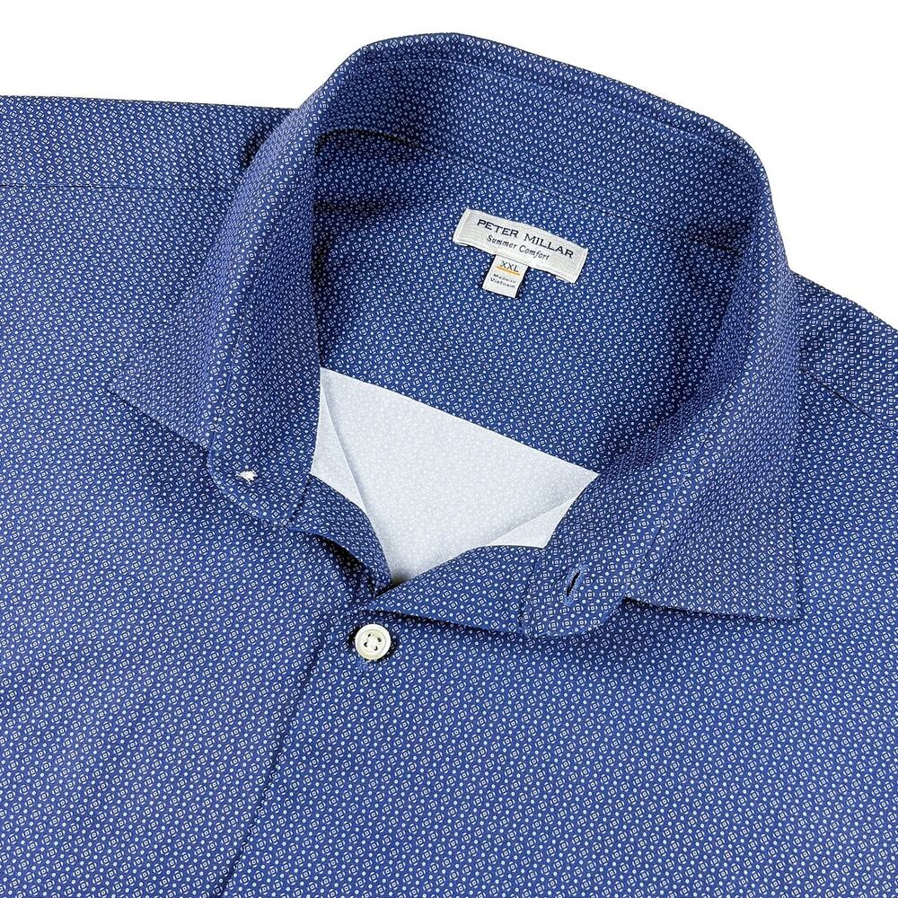Peter Millar Bloques Short Sleeve Shirt Mens XXL Blue Geo Summer Comfort Golf